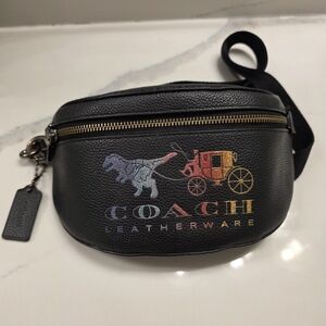 Coach Black Leather Belt Bag with Multicolor Logo